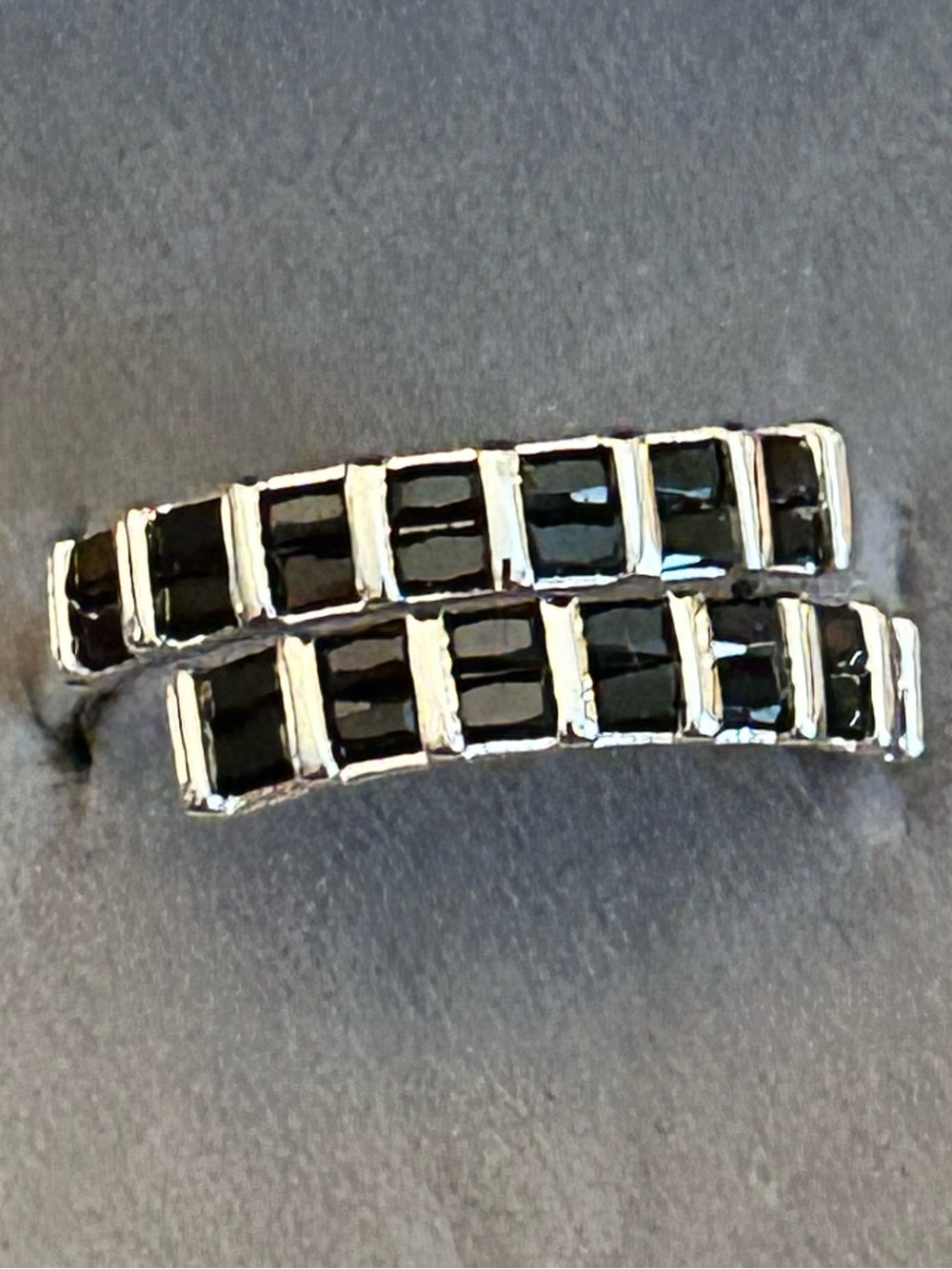 Bomb Party Black Onyx Rectangular Stones in Rhodium over Silver Bypass Ring 7